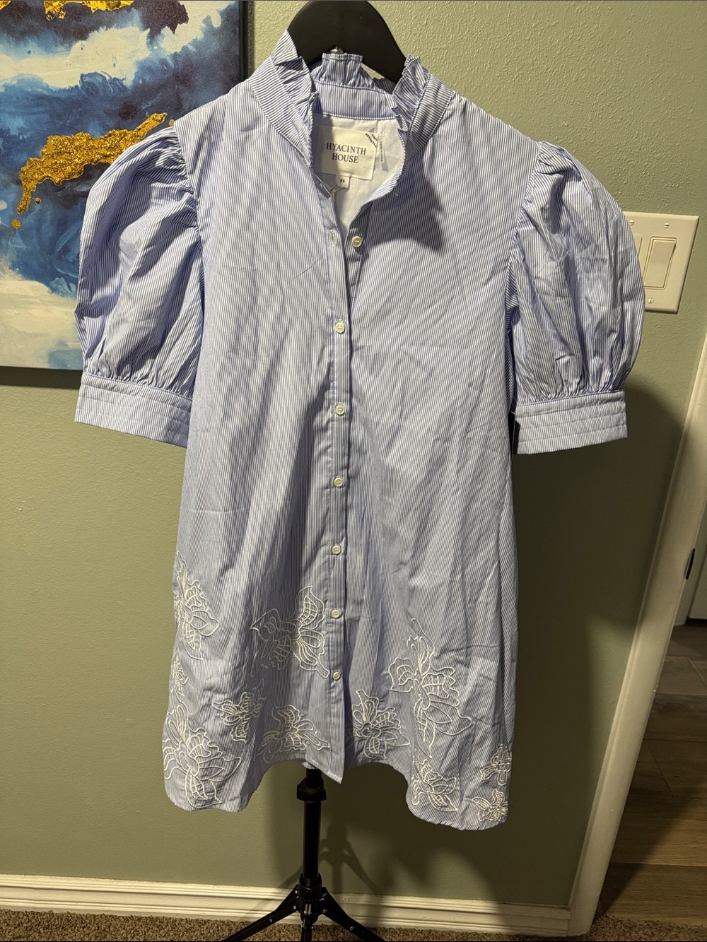 Womens Light Blue Embroidered Puff-Sleeve Shirt Dress
